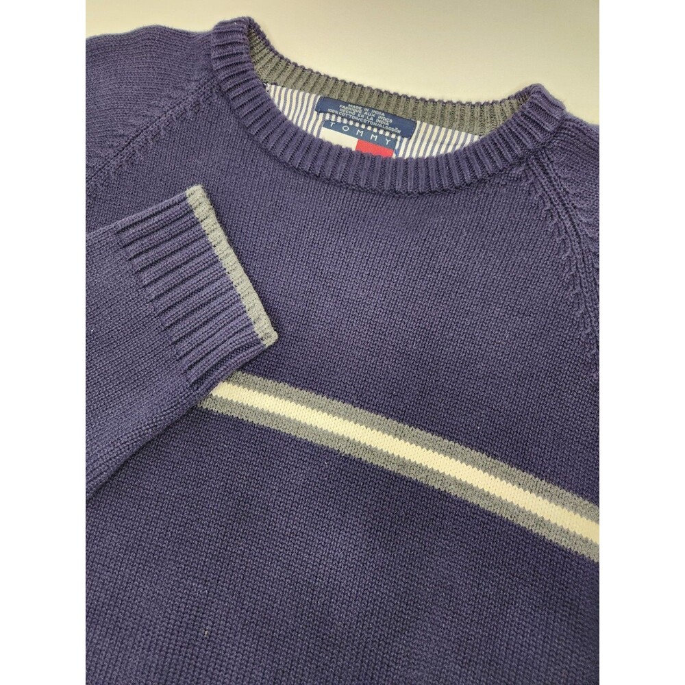Vintage Tommy Hilfiger Sweater Men's XL Blue Striped Crew Knit 90's Y2K Preppy